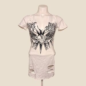 Y2K JNK White Dont Kill My Vibe Scene Distressed Graphic T-Shirt Dress #14